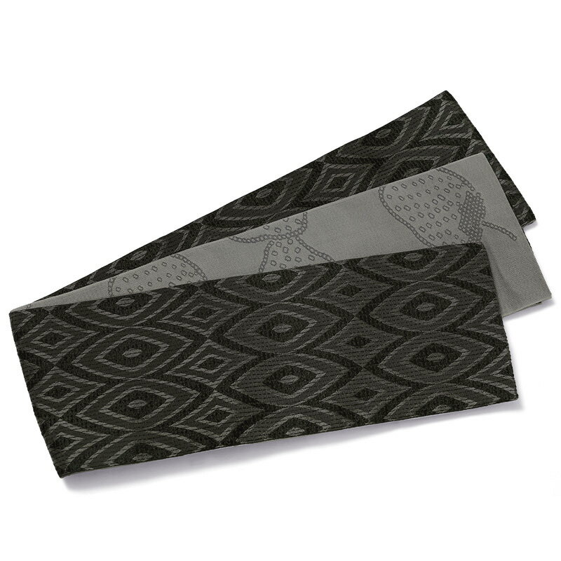 半幅帯 変わり織り 幾何学 アッシュグレー 黒 いちご 苺 レトロ モダン シック 細帯 半巾帯 小袋帯 リバーシブル 普段着 長尺 日本製