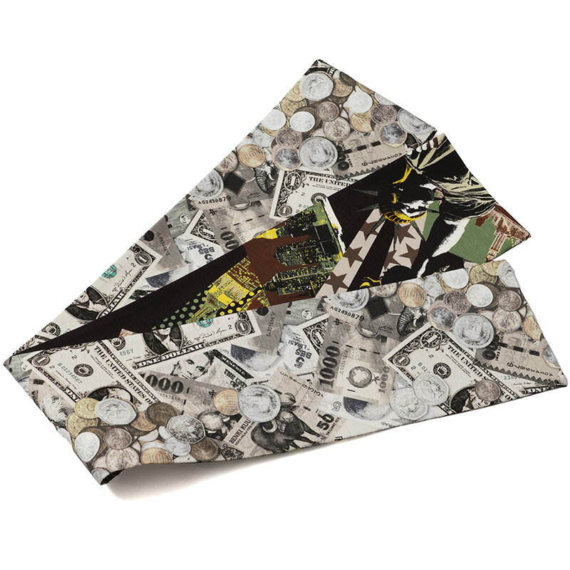 半幅帯 WAKKA アメリカンドリーム 自由の女神 街 硬貨 紙幣 コイン 夜景 ダークブラウン ブラック 茶色 黒 正絹 リバーシブル 長尺 変わり結び