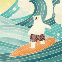 京袋帯麻シロクマサーフィンペンギンアニマル波海スポーツ夏帯黄緑青黄色水色WAKKAお太鼓一重太鼓オフホワイト