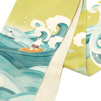 京袋帯麻シロクマサーフィンペンギンアニマル波海スポーツ夏帯黄緑青黄色水色WAKKAお太鼓一重太鼓オフホワイト