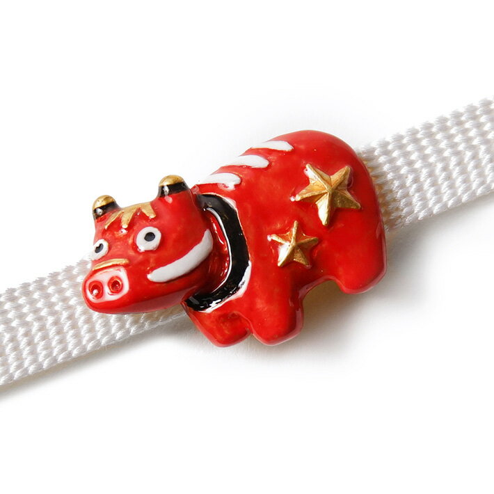 帯留め 赤べこ 赤 星 牛 縁起物 アニマル ハンドメイド 和装小物 ピューター SUU