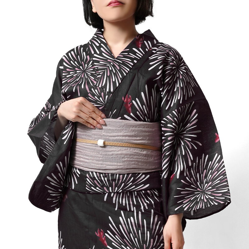 浴衣 綿麻 花火 金魚 黒 夜空 レディース ナチュラル モダン 女性用 仕立上がり 20代 30代 40代 50代 女性用 単品
