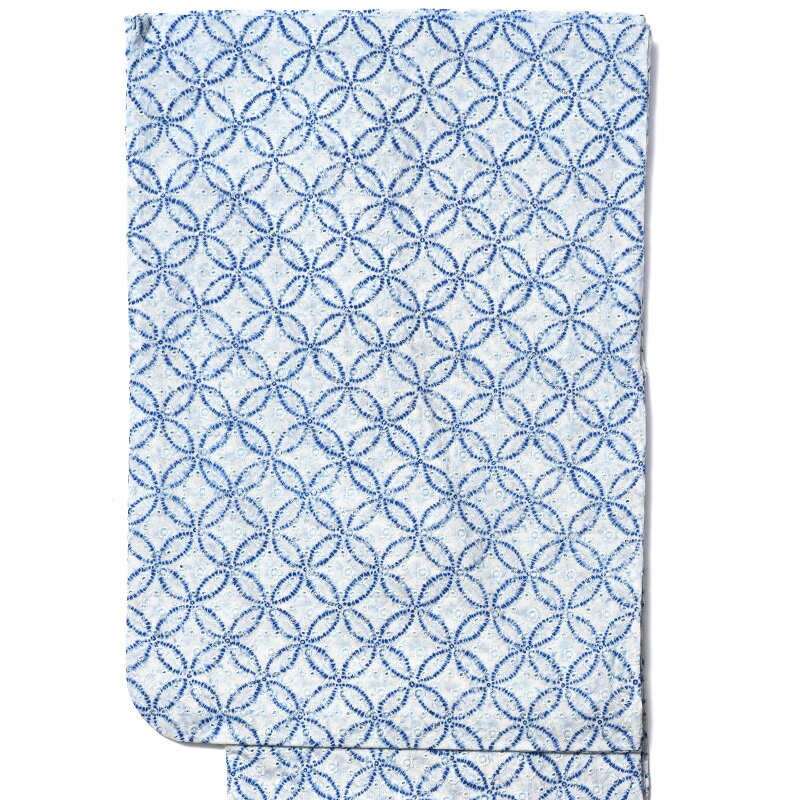 着物 エンブロイダリーレース 白 青 七宝 刺繍 単衣 きもの 仕立て上がり 日本製 綿 女性用 レディース..