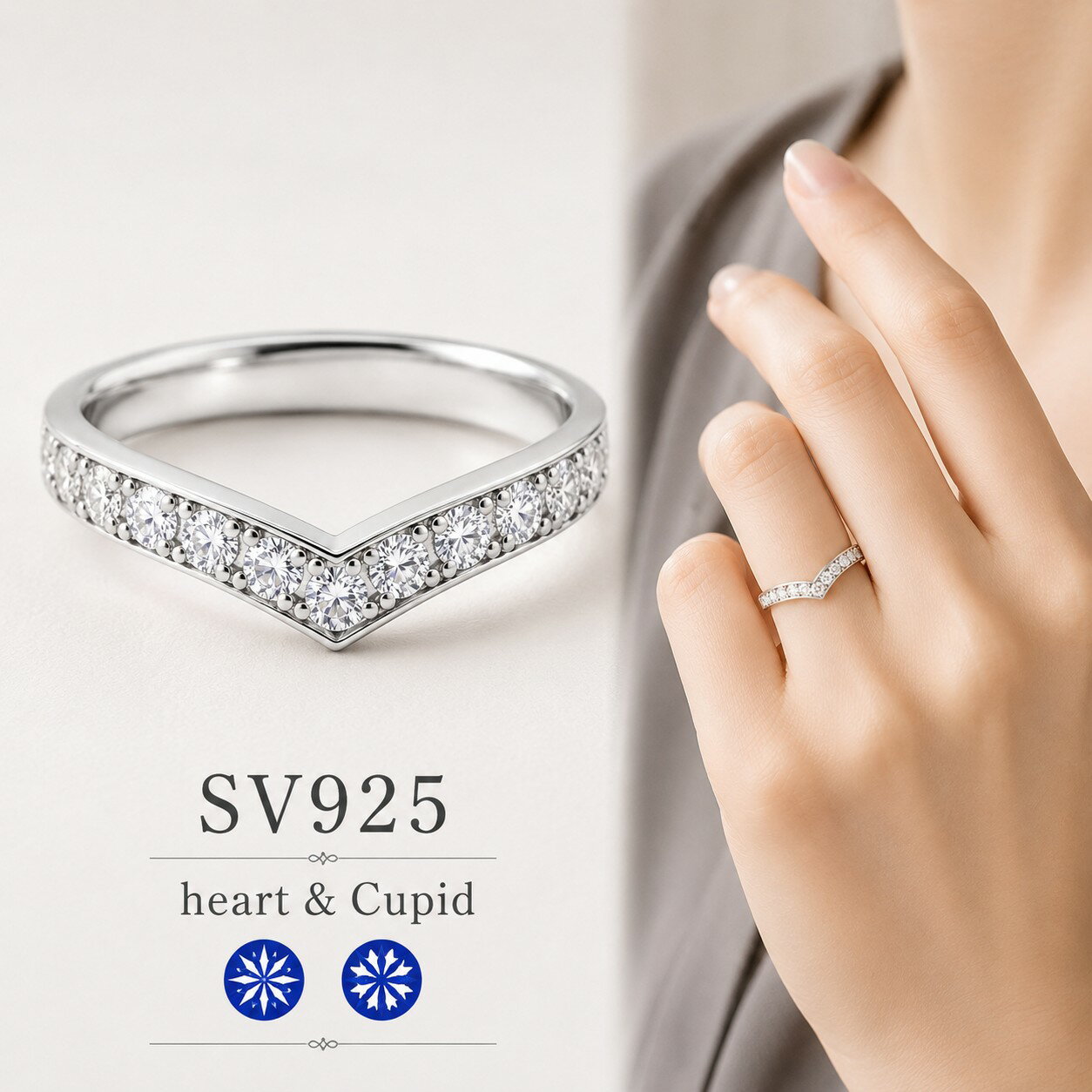 Rakuten - SV925 H＆C高品質 キュービックジルコニア CZ V字リング ハーフエタニティリング Vリング 指輪 ロジウムメッキ 無料ラッピング キュービックダイヤ　ハート＆キューピッド