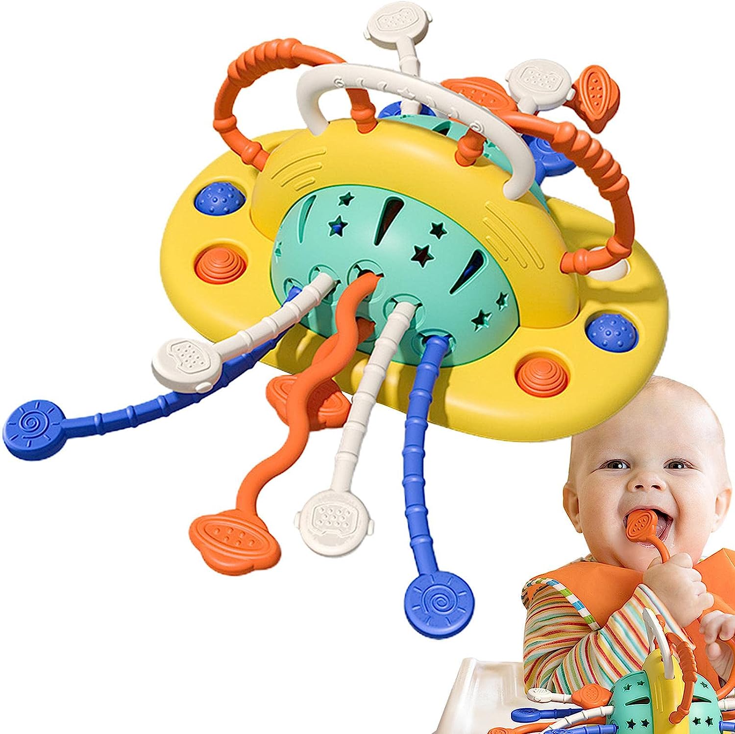 【送料無料】赤ちゃんのおもちゃ モンテッソーリおもちゃ シリコンUFO形状 引っ張りプレス玩具 発達の細かい運動技能のおもちゃ 幼児のおもちゃ 6 12ヶ月 1歳 赤ちゃん