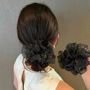 キラキラシュシュ ヘアゴム ラインストーン シフォン ブラック おしゃれ 上品 春夏 レディースヘアアクセサリー 大人可愛い