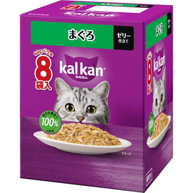 ・抜群のおいしさに進化！厳選されたまぐろをカルカン特製だしで煮込み、ジューシーなゼリー仕立てにしました。・1歳以上の猫に必要な栄養素がバランスよく含まれた総合栄養食です。［給与方法］・本製品には、成猫に必要な栄養がバランスよく含まれていますので、ドライフードの代わりに毎日のお食事として使用できます。・1日の食事量はパッケージ記載の表を目安に、愛猫の運動量に合わせて与える量を加減してください。・1日の食事量を2回程度に分けて与えてください。・常に清潔で新鮮な飲み水をご用意ください。・本製品を初めて与えるときは、今までの食事に少量混ぜ、1週間程度で徐々に増量しながら切り替えてください。［保管方法］・誤食防止のため、小児の手の届かない場所に保管してください。・開封後は冷蔵庫に入れ、なるべく早く使い切ってください。※こちらはお取り寄せの商品のため、通常より出荷までにお時間がかかります。 3～7営業日以内の発送になります。