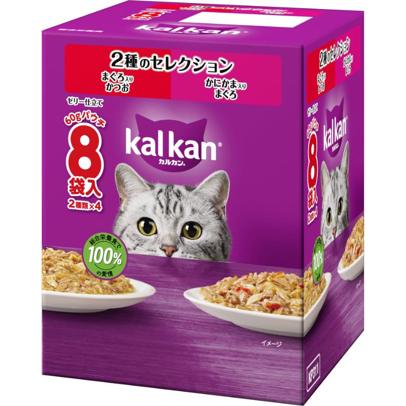 Rakuten - 【お取り寄せ】 ［マースジャパン］カルカン パウチ 2種のセレクション まぐろ入りかつお かにかま入りまぐろ 60g X 8袋パック タイ