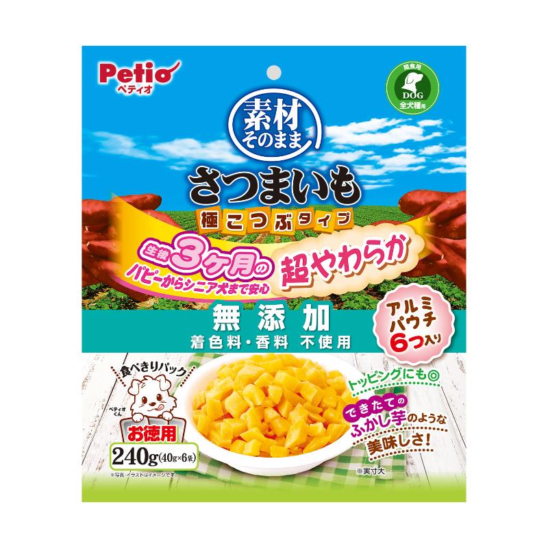 ・食物センイやビタミンC・Eなど栄養たっぷりのさつまいもをレトルト調理で超やわらかに仕上げました。・パピーからシニア犬まで安心の食感とできたてホクホクのふかし芋のような美味しさ！・温めてさらに美味しく、暑い日には冷やしたり凍らせても◎。・しつけのごほうびやフードのトッピングにもぴったりなこつぶ形状。・着色料・香料無添加。・アルミパウチ6つ入り。［給与方法］※愛犬の健康状態、年齢、運動量を考慮したうえでパッケージ記載の給与量を目安に1日1～2回に分けてお与えください。※愛犬の食べ方や習性によっては、小さく切ってお与えください。※凍らせた場合は、便の状態や体調によって与える量を調整してください。※こちらはお取り寄せの商品のため、通常より出荷までにお時間がかかります。 3～7営業日以内の発送になります。 ・本商品は犬用で、間食用です。主食として与えないでください。・犬の食べ方や習性によっては、のどなどに詰まらせることがありますので必ず観察しながらお与えください。・パッケージ記載の与え方の給与量、および保存方法をお守りください。・子供がペットに与える場合は、大人が立ち会ってください。・電子レンジは使用しないでください。・温める場合はヤケドに注意してください。・幼児・子供・ペットのふれない所に保管してください。