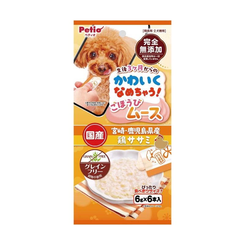 ・ふわっとしていて、軽い食感のムース仕立てのペーストおやつです。・パピーからシニアまで食べられます。・産地にこだわった良質たん白質豊富な鶏むね肉とササミを使用。・食べきりサイズで散歩やお出かけにもオススメ。・なめとりやすく、しつけのごほうびやトッピングなどにも使いやすい。・穀物アレルギーのわんちゃんにも安心のグレインフリー(穀物不使用)。・わんちゃんの健康に配慮し、食品添加物を一切使用していない完全無添加。［給与方法］※愛犬の健康状態、年齢、運動量を考慮したうえで別記の給与量を目安に1日1～2回に分けてお与えください。［保管方法］・直射日光・高温多湿の場所をさけて冷暗所で保存してください。※こちらはお取り寄せの商品のため、通常より出荷までにお時間がかかります。 3～7営業日以内の発送になります。