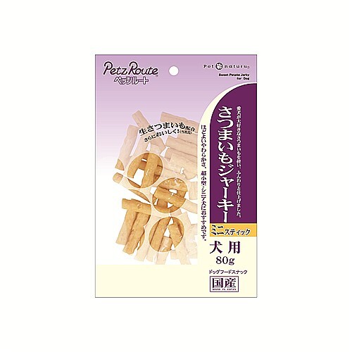 低カロリーな鶏ささみとさつまいもを使って、ふんわりミニスティックに仕上げました。 お出かけ、トレーニングのご褒美に最適ミニスティック。鶏ささみとさつまいもを使ってふんわりミニスティックに仕上げました。※こちらはお取り寄せの商品のため、通常より出荷までにお時間がかかります。 3～7営業日以内の発送になります。 JANコード：4984937685133 商品コード：242696-01 原材料 小麦粉、鶏ささみ、さつまいも、ショートニング、ソルビトール、プロピレングリコール、膨張剤、保存料（ソルビン酸K）、食塩、pH調整剤、着色料（黄4、黄5）、酸化防止剤（エリソルビン酸Na）、香料 原産国 日本 成分 たんぱく質 10.0％以上、脂質 3.0％以上、粗繊維 0.5％以下、灰分 3.5％以下、水分 38.0％以下 内容量 重量：90g 備考 【使用上の注意】ドッグ用のスナックです。※本品は間食です。生後3ヶ月位まで（離乳期前後）の幼犬には与えないでください。成長期なので、主食だけをあげてください。※愛犬の性格や食べ方、お腹の減り具合では、のどに詰まらせたりする場合があります。個体差により適切な大きさにして、目の届く所で与えてください。※お子様が愛犬に与える時は、安全のため大人が立ち会ってください。※給与量を参考に、愛犬が食べ過ぎないようにしてください。※アレルギーのある愛犬には、原材料を確認してから与えてください。※愛犬の体調が悪くなった時には獣医師に相談してください。 【保存上の注意】〈未開封〉幼児やペットの手が届かない所で、直射日光、高温多湿を避けて保存してください。常温で保存できますが、なるべく低温で保管してください。〈開封後〉チャックを閉じ、必ず冷蔵庫で保存してください。おいしさが落ちますので早めに与えてください。鮮度を保つために、脱酸素剤を入れていますが、食べ物ではありません。誤飲をしないよう、直ぐに捨ててください。 サイズ・寸法等 パッケージ：(W)140 X (D)20 X (H)210 (mm) 超小型犬 （1～5kg位） 2～6本、小型犬 （5～11kg位） 6～10本、中型犬 （11～23kg位） 10～16本、大型犬 （23～40kg位） 16～24本