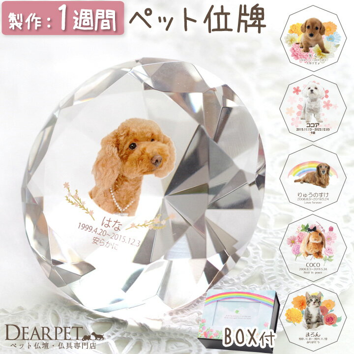 ペット 位牌 クリスタル きらきら ダイヤカット ペット位牌 特製BOX付 カラー かわいい ペット仏具 写真彫刻 ペット供養 ガラス お位牌 記念碑 名入れ 遺影 写真入り 供養 犬 猫 動物 メモリアル ダイヤ 宝石