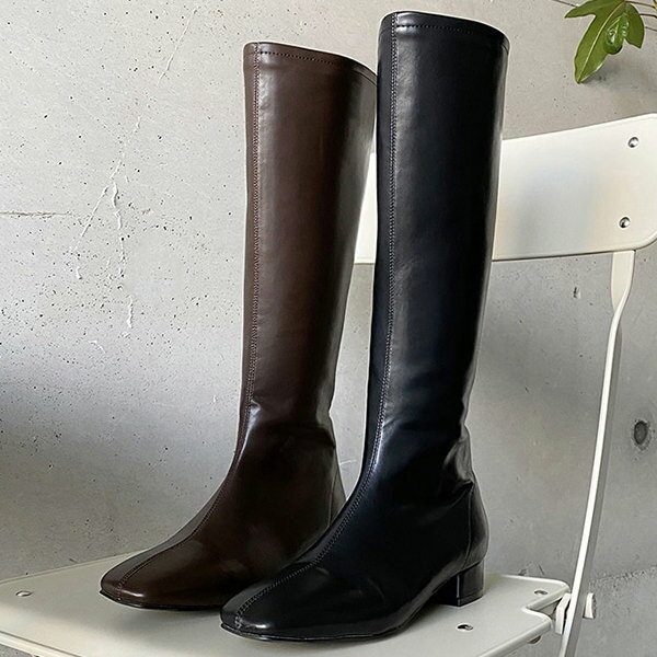 ロングブーツ スクエアトゥ サイドジップ フラット レディース ローヒール 黒 茶色 ブラック ブラウン 歩きやすい 痛くない シンプル 靴 婦人靴 韓国のサムネイル