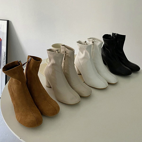 ショートブーツ サイドジップ レディース 太ヒール チャンキーヒール レザー スエード 黒 ブラック ブラウン アイボリー ホワイト 靴 婦人靴 韓国のサムネイル