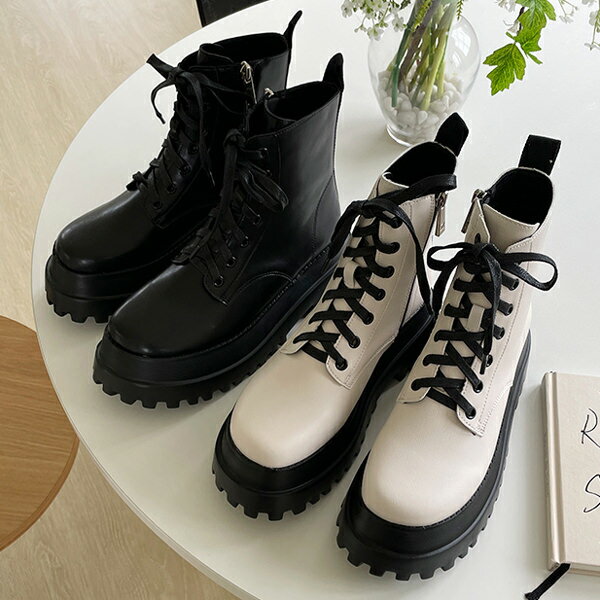 ショートブーツ ワークブーツ トラックソール レースアップ サイドジップ フラット レディース 黒 ブラック ベージュ 歩きやすい 痛くない 靴 婦人靴 韓国