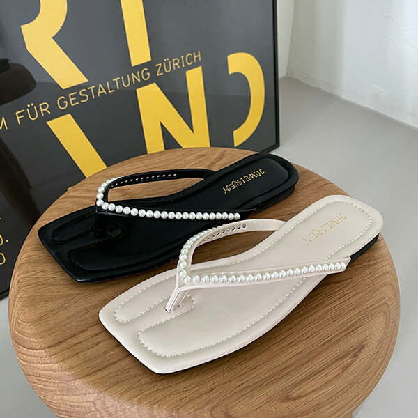 サンダル トング ビーチサンダル フェイクパール フラット レディース ぺたんこ ペタンコ 黒 ブラック ..