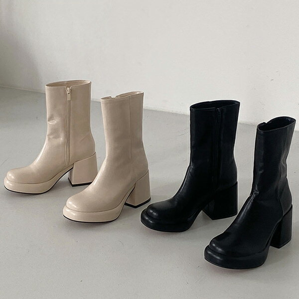 ショートブーツ オブリークトゥ ストーム サイドジップ レディース ハイヒール チャンキーヒール 太ヒール 黒 ブラック アイボリー 歩きやすい 靴 婦人靴 韓国のサムネイル