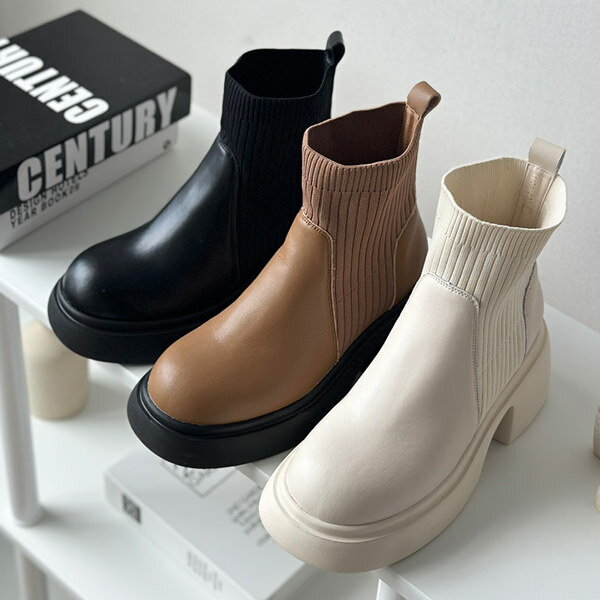 ショートブーツ ニットブーツ 天然牛革 ストーム レディース チャンキーヒール 太ヒール ハイヒール 黒 茶 ブラック ブラウン アイボリー 靴 婦人靴 韓国のサムネイル