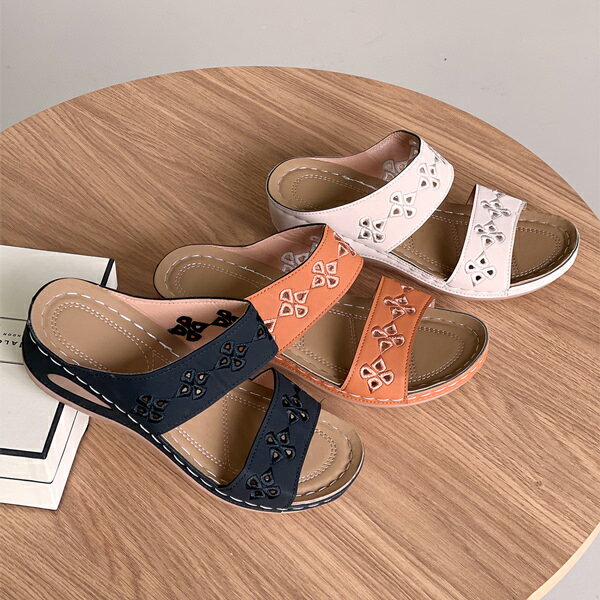 サンダル フラット 透かし 刺繍 花 模様 レディース ローヒール 黒 茶 ブラック ブラウン アイボリー 歩きやすい カジュアル シンプル 靴 婦人靴 韓国