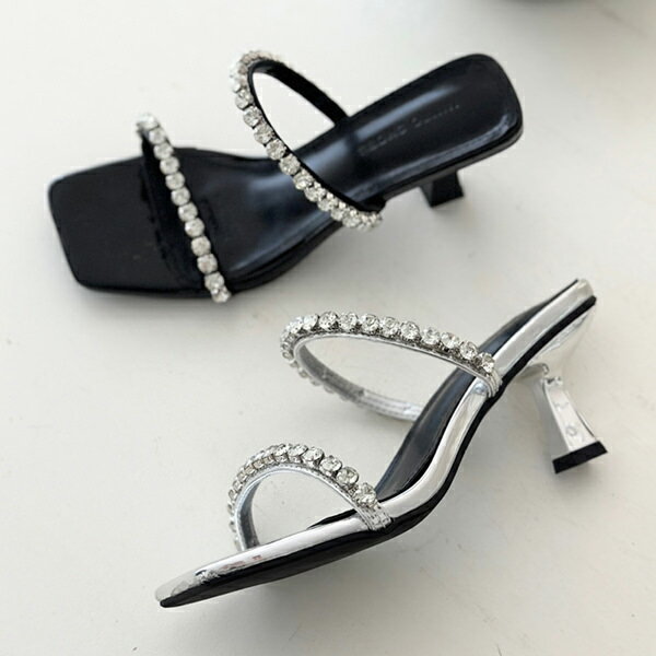 ミュール サンダル ビジュー ラインストーン レディース ハイヒール 黒 銀 ブラック シルバー 歩きやすい カジュアル 靴 婦人靴 韓国