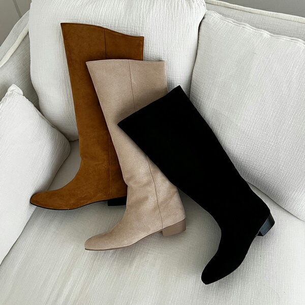 ロングブーツ ジョッキーブーツ 斜めカット スエード フラット レディース ローヒール 黒 ブラック キャメル アイボリー 歩きやすい カジュアル 靴 婦人靴 韓国のサムネイル
