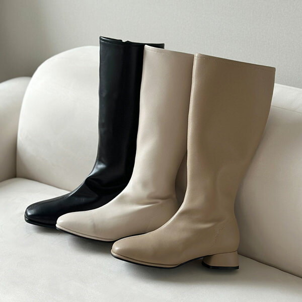 ロングブーツ ジョッキーブーツ スクエアトゥ サイドジップ 天然牛革 フラット レディース ローヒール 黒 ブラック ベージュ アイボリー 靴 婦人靴 韓国のサムネイル