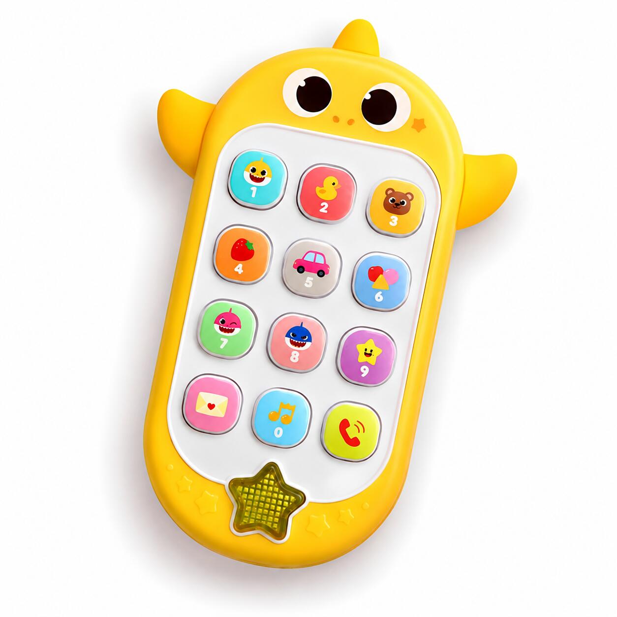人気キャラクター「ベイビーシャーク」をデザインした、子ども用スマートフォン型おもちゃです。 カラフルなボタンを押しながら、韓国語の音声や童謡、効果音を楽しめます。 子どもに人気のピンクフォン童謡を韓国語で9曲収録。 ベイビーシャークをはじめ、形・動物・家族・果物・乗り物などをテーマにした歌が流れます。 収録曲の歌詞を確認できる韓国語歌詞ブック付きです。 1・2・3のボタンでは、さまざまな効果音やベイビーシャークの声を楽しめます。 数字やイラストの付いたボタンを押して遊べるほか、電話をかけるまねをして電話ごっこも楽しめます。 本体下部の星型ボタンは、音に合わせて光る仕様。 約5分間操作しない場合は通知音が流れたあと、自動的に終了します。 【商品の特徴】 ・ベイビーシャークのスマートフォン型おもちゃ ・韓国語のピンクフォン童謡を9曲収録 ・韓国語の歌詞ブック付き ・韓国語音声やメロディー、効果音を再生 ・数字やイラスト付きのカラフルなボタン ・音に合わせて星型ボタンが光る仕様 ・電話ごっこを楽しめるデザイン ・約5分間操作しないと自動終了 【収録曲】 1. ベイビーシャーク 2. 形に合わせて踊ろう 3. 動物の鳴き声 4. ママシャーク大好き 5. くま3匹 6. サメの家族はどこに隠れたの？ 7. ピンクフォンの果物の国 8. ちいさな星 9. はたらく車のうた 【セット内容】 ・スマートフォン型おもちゃ ・韓国語歌詞ブック 【サイズ】 ・本体：約14.5×9.5×2.4cm ・歌詞ブック：約32.5×9.5cm 【対象年齢】 ・36か月以上 【使用電池】 ・単4形乾電池×3本（別売） ※音声・童謡・歌詞ブックは韓国語です。 ※日本語の音声や歌は収録されていません。 ※電池は付属しておりません。別途ご用意ください。 ※本商品はスマートフォン型のおもちゃです。通話や通信はできません。 ※収録曲名は、韓国語の曲名をもとにした日本語の参考表記です。 【検索キーワード】 ベイビーシャーク Baby Shark Pinkfong ピンキッツ ピンクフォン ピンクポン サメの家族 韓国 韓国語 韓国語おもちゃ おもちゃ 玩具 知育玩具 スマートフォン スマホ 電話 携帯電話 電話おもちゃ スマホおもちゃ 音が鳴る 光る メロディー 音楽 童謡 韓国童謡 歌 9曲 歌詞ブック 数字 数字遊び ボタン 効果音 電話ごっこ ごっこ遊び 子供 キッズ 幼児 男の子 女の子 プレゼント 誕生日 ギフト クリスマス 入園祝い キャラクター グッズ人気キャラクター「ベイビーシャーク」をデザインした、子ども用スマートフォン型おもちゃです。 カラフルなボタンを押しながら、韓国語の音声や童謡、効果音を楽しめます。 子どもに人気のピンクフォン童謡を韓国語で9曲収録。 ベイビーシャークをはじめ、形・動物・家族・果物・乗り物などをテーマにした歌が流れます。 収録曲の歌詞を確認できる韓国語歌詞ブック付きです。 1・2・3のボタンでは、さまざまな効果音やベイビーシャークの声を楽しめます。 数字やイラストの付いたボタンを押して遊べるほか、電話をかけるまねをして電話ごっこも楽しめます。 本体下部の星型ボタンは、音に合わせて光る仕様。 約5分間操作しない場合は通知音が流れたあと、自動的に終了します。 【商品の特徴】 ・ベイビーシャークのスマートフォン型おもちゃ ・韓国語のピンクフォン童謡を9曲収録 ・韓国語の歌詞ブック付き ・韓国語音声やメロディー、効果音を再生 ・数字やイラスト付きのカラフルなボタン ・音に合わせて星型ボタンが光る仕様 ・電話ごっこを楽しめるデザイン ・約5分間操作しないと自動終了 【収録曲】 1. ベイビーシャーク 2. 形に合わせて踊ろう 3. 動物の鳴き声 4. ママシャーク大好き 5. くま3匹 6. サメの家族はどこに隠れたの？ 7. ピンクフォンの果物の国 8. ちいさな星 9. はたらく車のうた 【セット内容】 ・スマートフォン型おもちゃ ・韓国語歌詞ブック 【サイズ】 ・本体：約14.5×9.5×2.4cm ・歌詞ブック：約32.5×9.5cm 【対象年齢】 ・36か月以上 【使用電池】 ・単4形乾電池×3本（別売） ※音声・童謡・歌詞ブックは韓国語です。 ※日本語の音声や歌は収録されていません。 ※電池は付属しておりません。別途ご用意ください。 ※本商品はスマートフォン型のおもちゃです。通話や通信はできません。 ※収録曲名は、韓国語の曲名をもとにした日本語の参考表記です。 【検索キーワード】 ベイビーシャーク Baby Shark Pinkfong ピンキッツ ピンクフォン ピンクポン サメの家族 韓国 韓国語 韓国語おもちゃ おもちゃ 玩具 知育玩具 スマートフォン スマホ 電話 携帯電話 電話おもちゃ スマホおもちゃ 音が鳴る 光る メロディー 音楽 童謡 韓国童謡 歌 9曲 歌詞ブック 数字 数字遊び ボタン 効果音 電話ごっこ ごっこ遊び 子供 キッズ 幼児 男の子 女の子 プレゼント 誕生日 ギフト クリスマス 入園祝い キャラクター グッズ