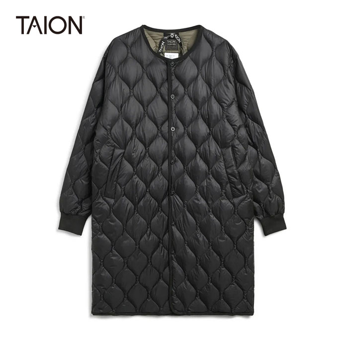 TAION/タイオン　MILITARY OVER SIZE CREW NECK LONG DOWN JKT （SOFT SHELL）/ミリタリー オーバーサイズクルーネック ダウンコート-ソフトシェル　W104LSBPML-1LO【レディース】【BLACK】