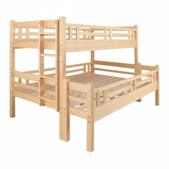 子供の成長やライフスタイルに合わせて組み合わせできる天然木ジュニアベッドです。上段シングルサイズ×下段ダブルサイズ。寝顔が覗けるロータイプ(高さ150cm)親子ベッド。お部屋を有効活用できる省スペース設計。ふとんの上げ下ろしもラクラク♪上下分割すればシングルベッド2台として使用することができます。※こちらの商品は組立品です。※商品のお届けは7個口になります。※大型連休の際は運送会社が運休するため、お届けまでにお日にちがかかる場合がございます。予めご了承ください。※大型商品は、お届け日時の確約を承る事ができません。(希望となります)サイズ幅:上段107.5/下段148×長さ211.5×高さ150cm個装サイズ：113×106×20cm重量78.5kg個装重量：24000g素材・材質本体フレーム:北欧パイン材(ラッカー塗装)、すのこ:パイン材/単板積層材(無塗装)仕様静止耐荷重(約):150kg梱包:7個口生産国ベトナムfk094igrjs