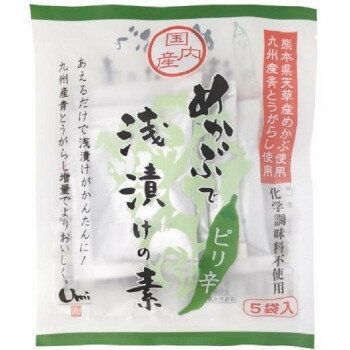 熊本県天草産めかぶ、九州産青とうがらしなど国内産原料を使用したピリッとした辛さがくせになる浅漬けの素です。内容量35g(7g×5袋)サイズ個装サイズ：29×21×10cm重量個装重量：900g仕様賞味期間：製造日より365日生産国日本栄養成...