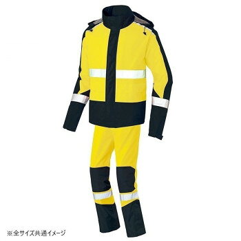 体に纏うように反射テープが付けられているため、前後左右どこから見ても視認性は抜群です。2重前立ての水返し仕様なので隙間からの雨の侵入を防ぎます。レインウェアはムレが気になるものですが、背中にベンチレーションを搭載することで湿気を逃してくれます。※耐水圧・15000mmH2O、透湿度10000g/m?/24hrsです。　※透湿防水性、防風機能があります。サイズM　トップス(着丈(前) :54.5/着丈(後) :73/裄丈:90/胸廻:116)パンツ(ウエスト(縮):70/ウエスト(伸):106/適応サイズ:72〜80:股下:74)cm個装サイズ：30×22.5×6cm重量個装重量：600g素材・材質表/リップストップ　裏/PUコーティング　ポリエステル100%　・ボタン/プラスチック　・ファスナー/コイル(スライダー/金属)生産国中国基本性能充実のベーシックモデル、高視認性レインウエア