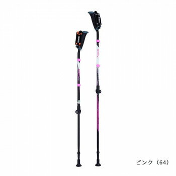 振動を吸収するサイレンサー付き。ポール記載の身長メモリに合わせるだけで、簡単に目安の長さに調整することができます。ポールにはマグネットで連結できるジョイントを標準装備で、ワンタッチで束ねることができます。シャフトのグリップ根本部分が曲がっていることによりポールを地面につく手の角度に自然にフィットします。長く歩いても手が疲れにくく、スイスイと歩くことができます。【イージーラップストラップ】ベルクロで簡単に手にフィット!手をしっかりと包み込む。取り外して洗う事ができ、清潔に保つことができる。右手用はオレンジ色、左手用は黒色と、左右がわかりやすい。【エッググリップ】手の中ですっぽりと収まる。自然な手の引っ掛かりを感じることができるため、無理のない自然な手の形で握ることができる。大きな受けに手を乗せる安定構造。握力に自信の無い方でも安心。力の伝達をサポートし、力みを軽減。【ラバーパッド　フィット型】接地面積1.8倍の安心先ゴム。ポールの突き角度に合わせて地面に追従する首振り設計で、広い接地面積を確保、突き損じや滑りを軽減。【自然体グリップ(シニア向け)】指に引っかかるウィング。親指をグリップ上部に乗せることができる形状。指に引っかかるウィングで握力が弱い方でも安心して持つことが出来ます。※身長は体格に個人差がございますので、あくまでも目安となります。サイズ調節範囲:約87〜117cm、最短時収納サイズ:約88cm個装サイズ：88×20×20cm重量約285g/本個装重量：600g素材・材質シャフト:アルミグリップ:ナイロン、エラストマーストラップ:ポリエステル、ポリプロピレンマグジョイント:TPU、シリコン、磁石仕様SGマーク取得済2段収縮タイプ対応身長:約138〜185cmセット内容2本組生産国中国腕がストレスフリーでポールが振りやすい