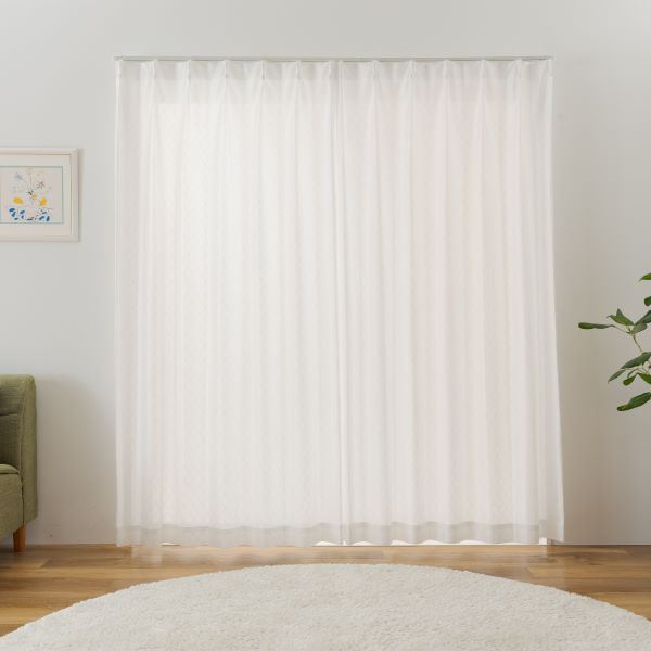 レースカーテン 約幅100×丈133cm×2枚セット タイル柄 ホワイト 洗える アジャスターフック付き UVカット レースルーシェ【日時指定不可】