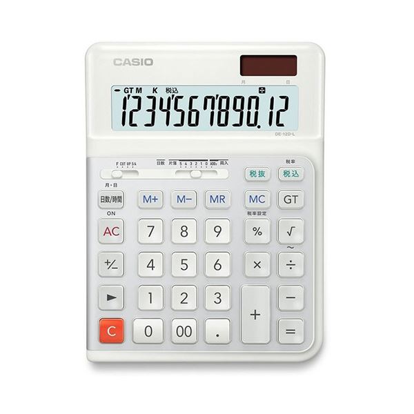 ■商品内容人が電卓に合わせるのではなく、電卓が人に合わせる人間工学電卓●曲線を多用することで、全体的に丸みのある柔らかな印象のデザインの左手用デスクタイプの電卓。本体色はホワイトです。●操作面に角度をつけたことにより生じる高低差を曲線で処理することで、電卓として違和感のない造形に仕上げました。●角の丸みのサイズを右側だけ小さくしたり、アルミパネルの位置をずらして配置するなど左右非対称にすることで個性を演出しています。●裏面に、どの方向から持っても指がかかりやすいように波紋状に溝を配置。使いやすさを追求し、普段目につかない部分にも気を配ってデザインしています。●入力時、キーから指を離す前にキーを押しはじめても、次の次のキーまでしっかり認識(3キーロールオーバー)。●スピーディーに計算をするためのキー配列を追求。さらに、人間工学に基づきキーのカタチを指の動きに合わせて配列ごとに変え、快適な操作を実現。●指になじみやすいなめらかな表面仕上げ。さらに、数字が消えない2色成型構造を採用。●タッチ音が気にならない静音設計。デスクワークやテレワーク、簿記などの試験にも適しています。■商品スペック桁数：12桁寸法：W140×D188×H35mm質量：310g色：ホワイトメモリー：メモリー数2、総合計(グランドトータル計算)、独立メモリー(M+、M-、MR、MCキー方式)機能：日数計算機能、時間計算機能、税計算、早打ち機能(3キーロールオーバー)、ツーゼロ(00)、桁下げ(バックスペース)、サインチェンジ(符号切替)、サイレントタッチキー、計算状態表示、3桁位取り表示、オートパワーオフ、小数点セレクター、ラウンドセレクター、四則計算、四則定数計算、マルチパーセント計算、平方根(ルート)、概数計算表示部：傾斜表示電源：T・W・P(ソーラー・電池(CR2025 × 1)の2電源)電池寿命：約7年保証期間：5年備考：※電池寿命は1日1時間使用時。■送料・配送についての注意事項●本商品の出荷目安は【5 - 11営業日　※土日・祝除く】となります。●お取り寄せ商品のため、稀にご注文入れ違い等により欠品・遅延となる場合がございます。●本商品は仕入元より配送となるため、沖縄・離島への配送はできません。