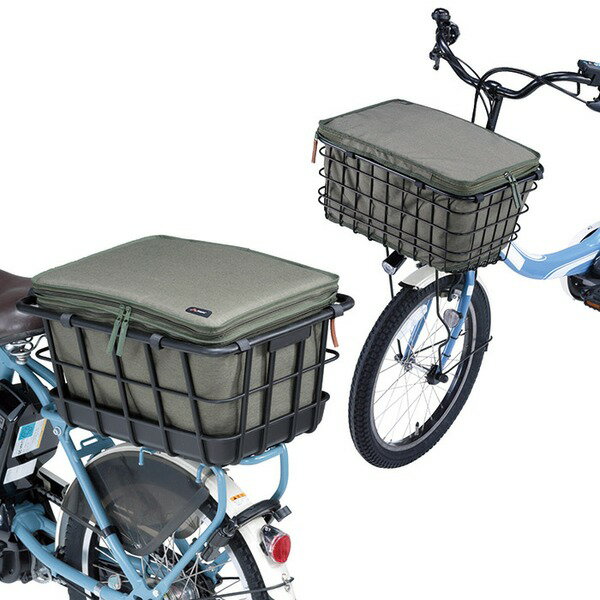 自転車 かごカバー 〔 プレミアム 2段式 インナーカバー 前後兼用 カーキ 〕 厚手 撥水加工 ひったくり防止(3)