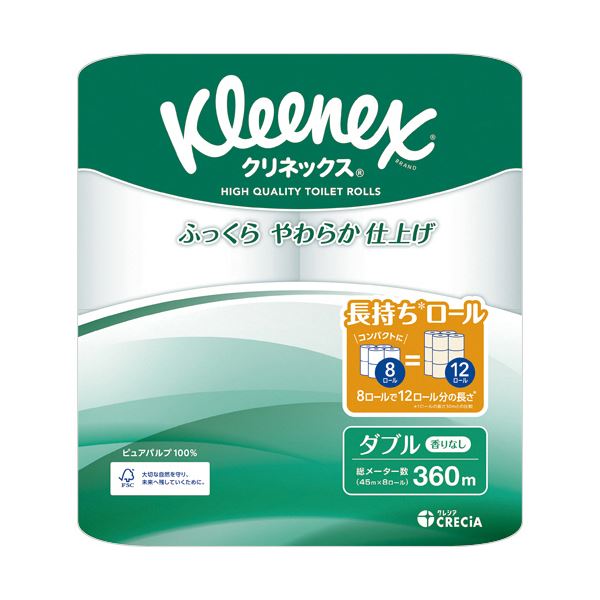 ■サイズ・色違い・関連商品■ソフティダブル40m 40ロール:4ロール×10パック■長持ちシングル82.5m 64ロール:8ロール×8パック■長持ちダブル45m 64ロール:8ロール×8パック[当ページ]■商品内容●ダブル45m巻、8ロール×8パックセットです。●芯の消臭成分でアンモニア臭を中和・軽減。■商品スペックタイプ：ダブルロールサイズ：幅114mm×長さ45mミシン目：あり芯：あり芯径：約38mm材質：パルプ100%パッケージサイズ：W222×D222×H228mm生産国：日本シリーズ名：クリネックス■送料・配送についての注意事項●本商品の出荷目安は【1 - 5営業日　※土日・祝除く】となります。●お取り寄せ商品のため、稀にご注文入れ違い等により欠品・遅延となる場合がございます。●本商品は仕入元より配送となるため、沖縄・離島への配送はできません。[ 28274 ]