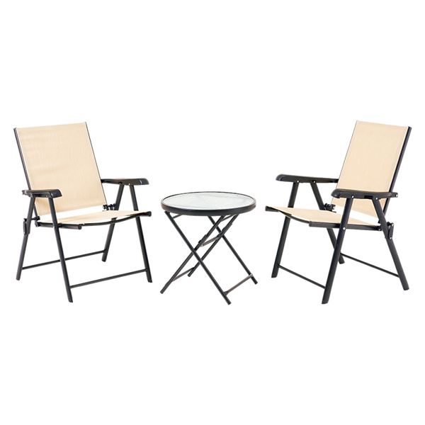 ガーデン テーブル＆チェア セット 【ベージュ】 机：約直径51cm×1 椅子：約幅60cm×2 折りたたみ 収納便利 強化ガラス 完成品【代引不可】