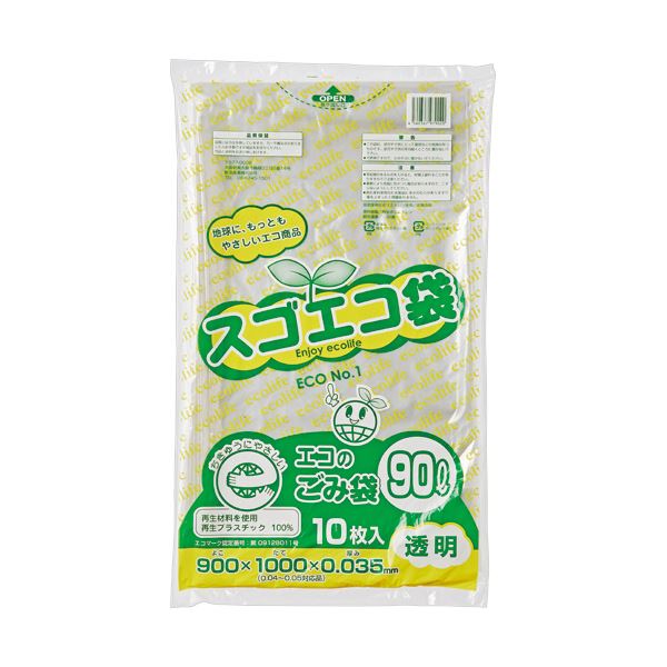 (まとめ) 野添産業スゴエコ袋(再生) 透明 90L 厚さ0.035mm 1パック(10枚) 【×5セット】【日時指定不可】