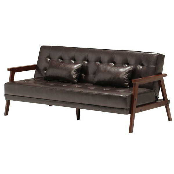 ソファーベッド シングル 幅185cm ダークブラウン PVCレザー 合成皮革 合皮 クッション2個 肘付き 脚付..