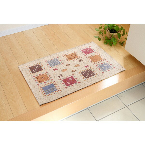 室内用 玄関マット/フロアマット 【ギャベ柄 ベージュ 約60×90cm】 洗える 防滑加工 〔入口 廊下 リビング〕【代引不可】(3)
