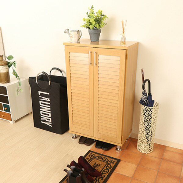 ルーバー シューズラック 下駄箱 約幅60cm ナチュラル 取っ手付き扉2枚 棚板5枚 脚付き 玄関 エントランス 入口【代引不可】(3)
