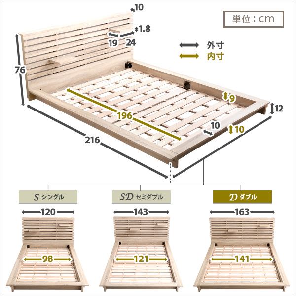 宮付き フロアベッド ダブル (フレームのみ) ブラウン 2口コンセント ベッドフレーム【代引不可】【日時指定不可】