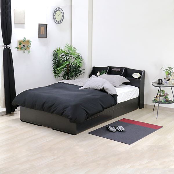 ベッド 日本製 ブラック シングル マットレスセット ポケットコイル 収納付き 引き出し付き 棚付き 宮..