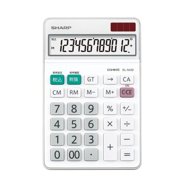 ■商品内容【ご注意事項】・この商品は下記内容×10セットでお届けします。●見やすい表示角度が選べるチルトディスプレイ●計算状態表示●早打ち対応●税計算●ソーラー・電池2電源■商品スペック桁数：12桁寸法：W110×D170×H12mm質量：147gメモリー：2(累計計算を含む)機能：液晶表示、演算状態表示 、+ 大型キー、00 キー、%キー、+/- キー 、税計算キー、置数訂正キー(右シフトキー)、定数計算(Kモード)、累計計算:GT、3桁自動位取り、早打ち対応(2キーロールオーバーつき)、自動節電方式表示部：チルト電源：太陽電池+CR2032×1電池寿命：約5年保証期間：1年備考：※質量は電池を含む■送料・配送についての注意事項●本商品の出荷目安は【1 - 7営業日　※土日・祝除く】となります。●お取り寄せ商品のため、稀にご注文入れ違い等により欠品・遅延となる場合がございます。●本商品は仕入元より配送となるため、沖縄・離島への配送はできません。[ EL-N432-X ]