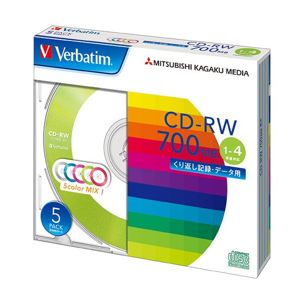 （まとめ）バーベイタム データ用CD-RW700MB 4倍速 5色カラーMIX 5mmスリムケース SW80QM5V1 1パック(5枚) 【×5セット】