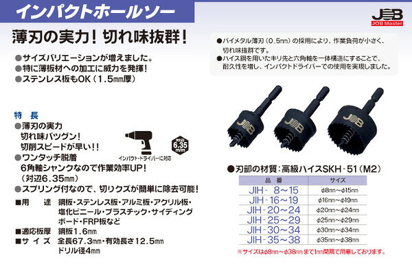 （まとめ）インパクトホールソー 【φ16mm×2セット】 ジョブマスター JIH-16