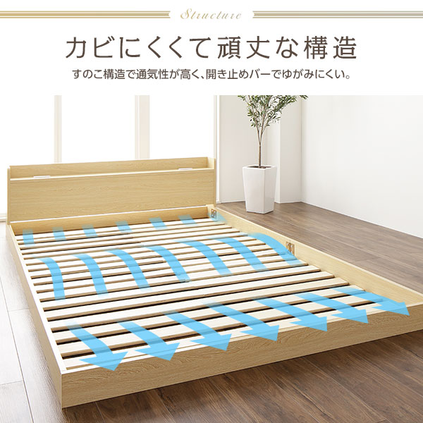 ベッド低床ロータイプすのこ木製宮付き棚付きコンセント付きシンプルモダンホワイトセミダブルベッドフレームのみ【日時指定不可】