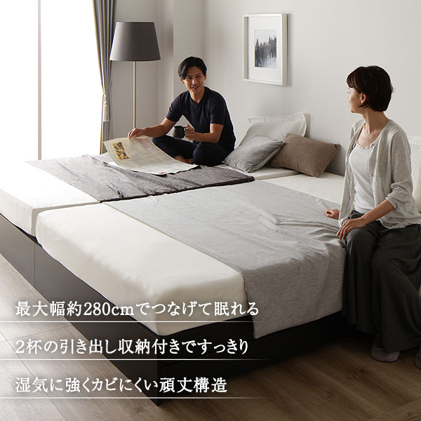 ベッド収納付き連結引き出し付きキャスター付き木製ヘッドレスシンプルモダンホワイトシングルベッドフレームのみ【日時指定不可】