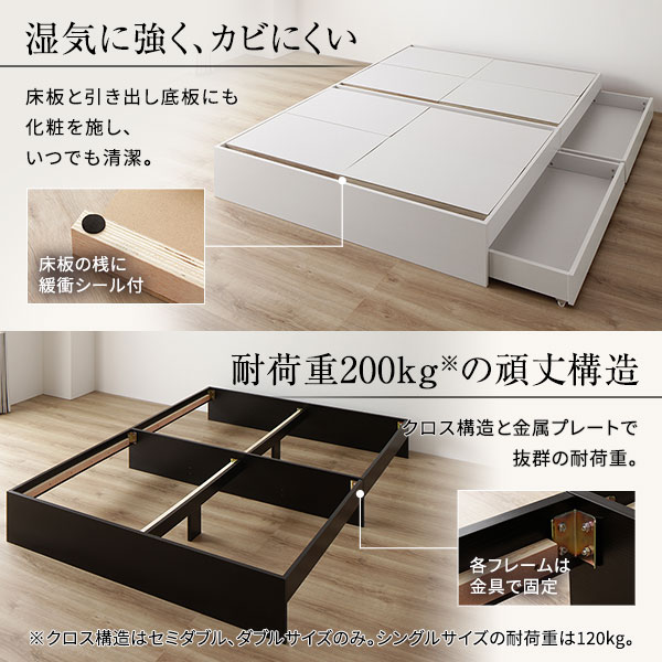 ベッド収納付き連結引き出し付きキャスター付き木製ヘッドレスシンプルモダンホワイトシングルベッドフレームのみ【日時指定不可】