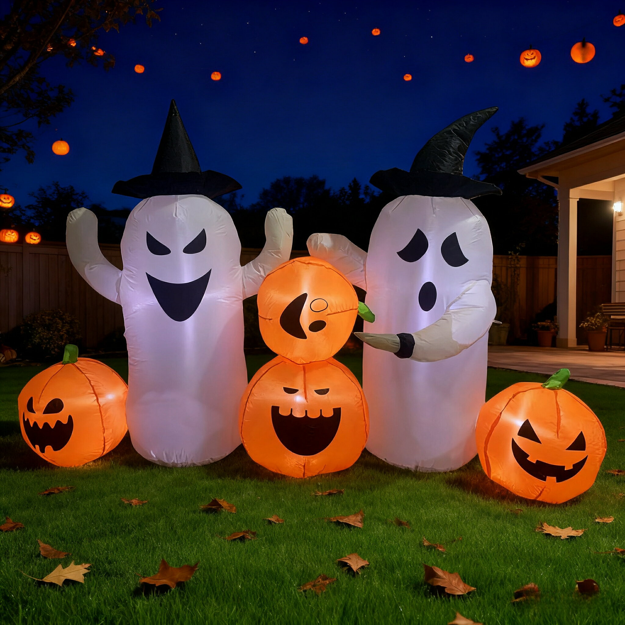 【10％OFFクーポン】【耐候性/屋外対応】ふわふわゴーストとカボチャ ハロウィン インフレータブル装飾 大型 イルミネーション 砂袋付き おばけ 庭飾り